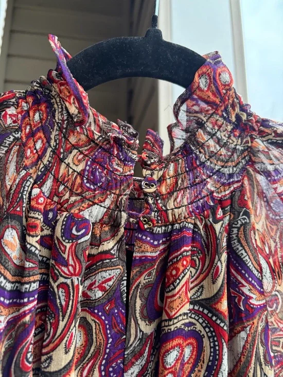 🆕 Gilner Farrar Paisley Maxi Dress Boho Long Sleeve Smocked Waist Flowy Size S - Picture 11 of 13